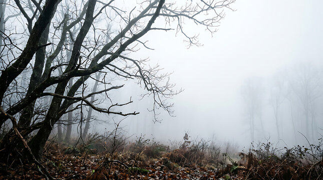 Bare trees and foggy winter landscape