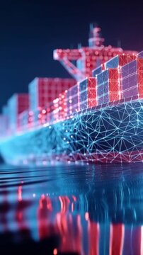 Futuristic container ship illuminated with neon lights and digital network overlay, representing global logistics and advanced technology. ..Created with Generative AI, not depicting real subjects.