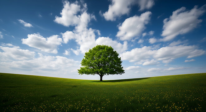 Vibrant green tree in a sunny meadow with yellow wildflowers and blue sky