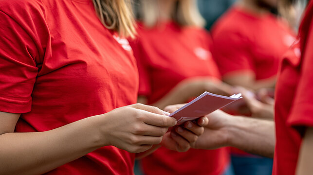 Volunteers in red t shirts handing out brochures, actively engaging in community service and charity work, promoting awareness and support