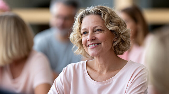 Mature woman smiling, engaging in an audience during a group meeting or educational seminar, actively listening and absorbing information with a positive mindset