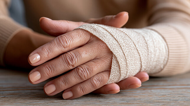 Person's hand wrapped in a beige elastic bandage, indicating an injury, recovery, or protection, focusing on concepts of first aid, healthcare, and pain relief