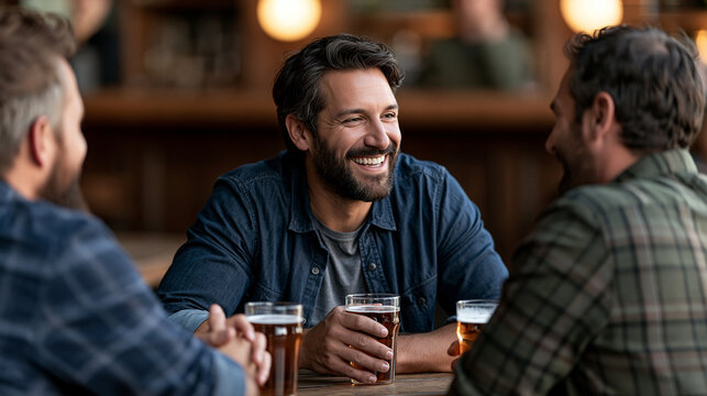 Three bearded men are smiling and laughing while socializing and drinking glasses of beer at a pub, enjoying a friendly gathering and spending quality time together