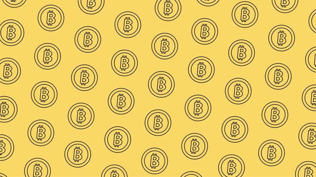 Seamless animated Bitcoin cryptocurrency pattern with repeating BTC coin symbols on a bright yellow background. Modern digital finance, blockchain, cryptocurrency, fintech, investment, and virtual cur