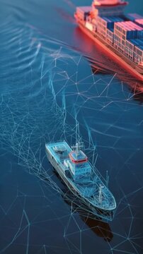 Futuristic logistics technology connects a modern tugboat with a cargo ship on a vast ocean. ..Created with Generative AI, not depicting real subjects.