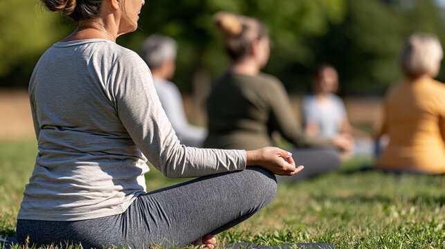 Diverse group of women practicing outdoor yoga, meditating in a park, finding peace and well being through mindful exercise and spiritual connection, copy space