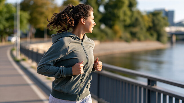 Young woman actively jogging outdoors on a riverside path, engaging in a healthy exercise routine and fitness workout for a sporty lifestyle, copy space