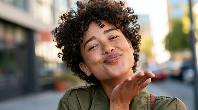 Young woman with curly hair showing affection and confidence, blowing a kiss to the camera with a playful smile, standing outdoors on a city street