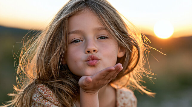 Young girl blowing a sweet kiss with puckered lips, extending her hand towards the viewer, expressing innocence and affection during golden hour sunset outdoors