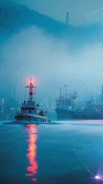 A futuristic harbor scene unfolds with a patrol boat navigating the misty waters, its red light beacon reflecting on the surface. ..Created with Generative AI, not depicting real subjects.