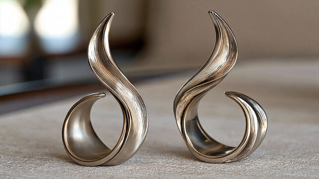 Two elegant abstract metallic sculptures featuring fluid, organic, wavy shapes and brushed silver textures, representing modern art and sophisticated home decor