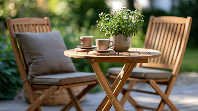 Wooden garden table and two folding chairs with grey cushions creating a welcoming outdoor patio space. Featuring two coffee cups on coasters and a potted daisy plant