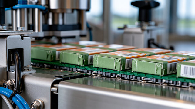 Automated packaging line in a modern factory conveying numerous green and orange boxes, demonstrating industrial production, efficiency, and advanced manufacturing processes