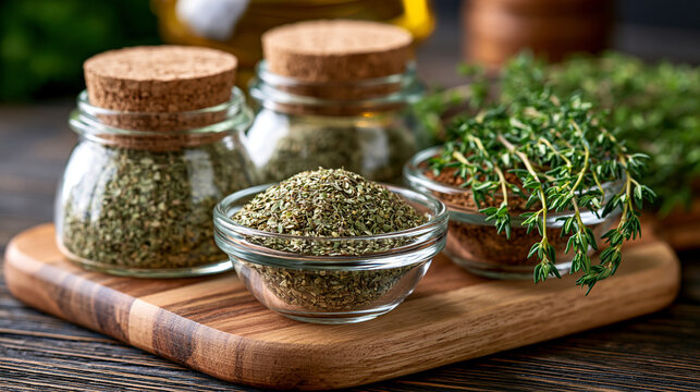 Assorted herbs and spices including dried oregano and fresh thyme displayed in glass containers and a small bowl on a dark wooden background