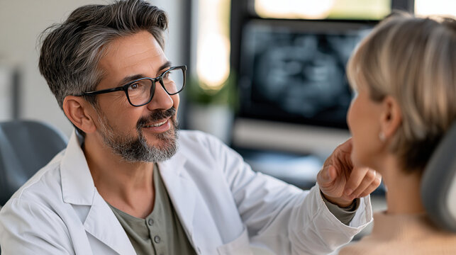 Dentist explaining dental x ray results to a female patient, discussing oral hygiene and treatment options during a professional medical consultation