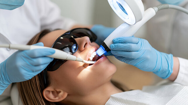 Woman undergoing professional teeth whitening procedure at a dental clinic, having laser applied to her teeth for cosmetic enhancement and a brighter smile