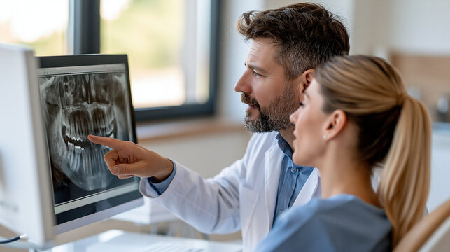 Dentist and patient reviewing a panoramic dental x ray on a monitor during a consultation, discussing oral health, diagnosis, and treatment plan in a modern clinic setting