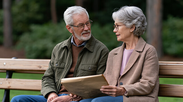 Senior couple sitting on a park bench, enjoying outdoor leisure time, interacting, and discussing while holding documents during retirement
