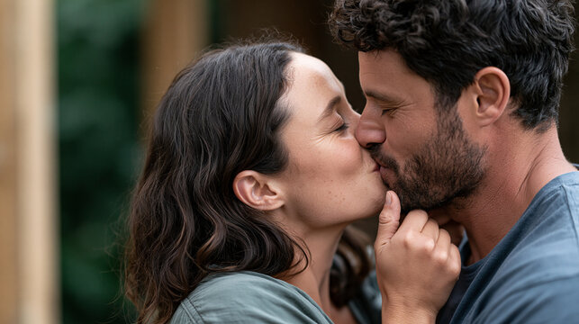 Loving couple sharing an intimate moment, kissing passionately with eyes closed, expressing deep affection, romance, and connection during a relationship