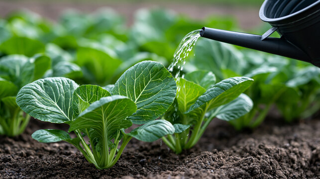 Watering rows of fresh green bok choy plants in rich dark soil, cultivating a sustainable organic garden for healthy vegetables and food production