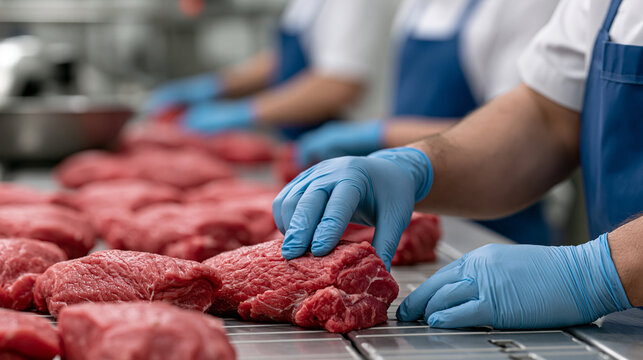 Food industry worker processing raw beef cuts on a conveyor belt, preparing fresh meat for packaging in a clean factory environment, ensuring quality and hygiene