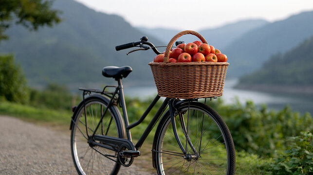 Bicycle on a rural path carrying a full wicker basket of freshly harvested red apples