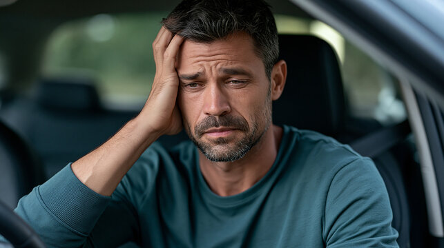 Man experiencing severe headache and driver frustration while sitting in a car, feeling tired, worried, and stressed from a long journey