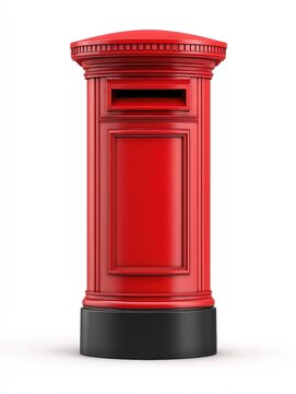 A classic red post box on a white background, ideal for themes of communication, mail services, or nostalgia, Suitable for use in advertising, blogs, or educational materials,