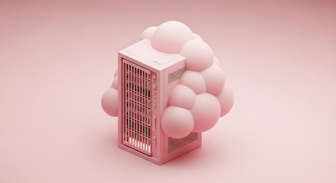 3D isometric render of a pink server rack cabinet with abstract cloud shapes