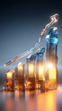 A glowing, transparent bar chart signifies upward financial growth and economic success, with an arrow pointing towards prosperity. ..Created with Generative AI, not depicting real subjects.