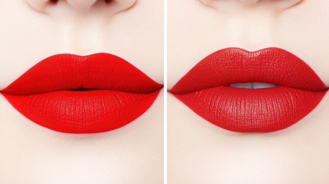 Two close-up images of lips showcasing vibrant red lipstick, one fully closed and the other slightly parted, Ideal for beauty, cosmetics, and makeup marketing materials,
