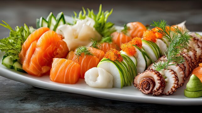 Fresh and Colorful Sushi Platter with Assorted Seafood and Vegetables Arranged Artfully for a Culinary Delight