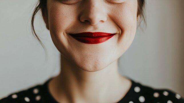 A close-up of a woman with a bright smile and red lipstick, conveying warmth and confidence, Ideal for beauty blogs, advertisements, or social media content focused on empowerment and self-expression