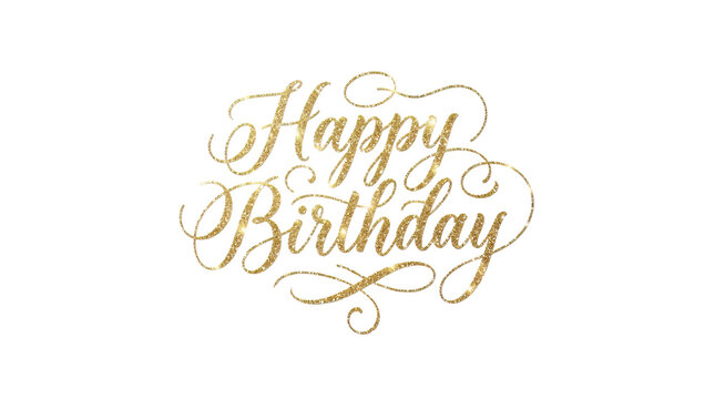 Happy Birthday text written in elegant gold calligraphy style flourishes sits centered on white background.