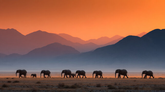 Elephant Herd Walking Across African Sunset Landscape