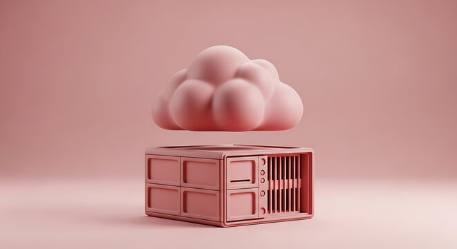 Surreal 3D minimalist cloud computing server concept with pink pastel background