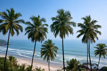 Fototapeta premium Tropical Beach with Palm Trees and Blue Ocean Waves