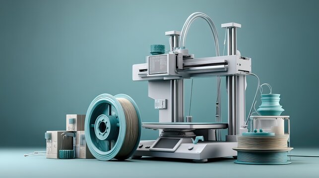 Modern 3D Printer Setup with Spools of Filament and Various Accessories for Creative Projects