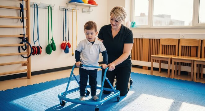 Young Boy with Disability Using a Walker during Physical Therapy Session with Female Specialist in Rehabilitation Center