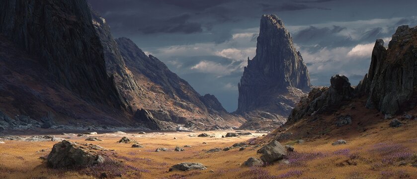 Dramatic Mountain Valley Landscape with Towering Peaks and Cloudy Sky.