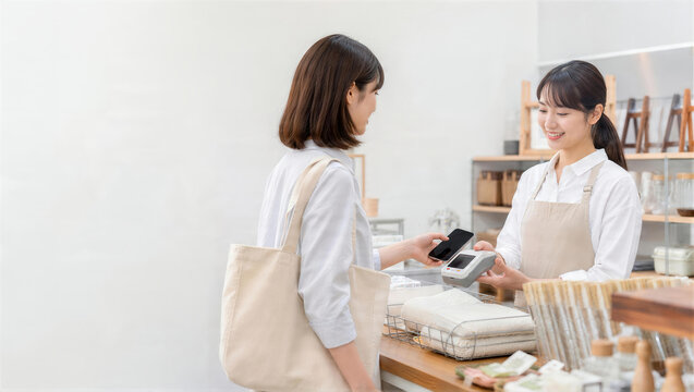 生活雑貨店でスマートフォン決済をする客と店員