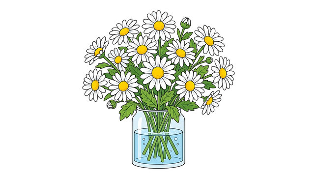 Vase Filled With White Daisy Flowers and Green Leaves In Clear Water Detailed Illustration