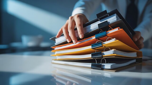 Business organizing a stack of colorful office folders with metal clips on a white desk in a bright corporate workplace environment