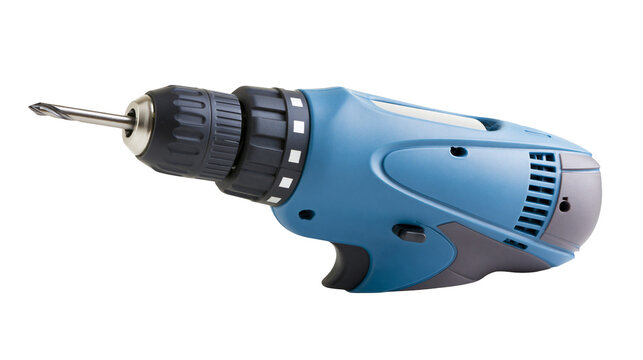 Blue cordless power drill with metal drill bit