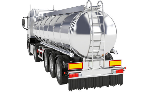 Silver tanker truck with multiple axles and ladder