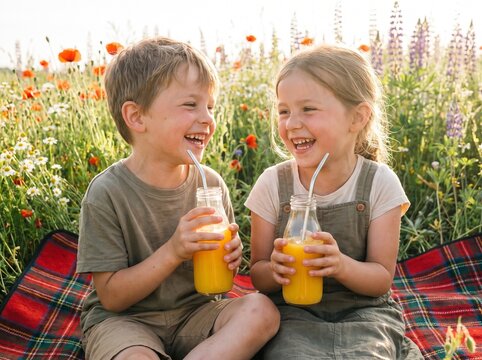 Joyful young boy and girl drinking orange juice with reusable metal straws from glass bottles on picnic