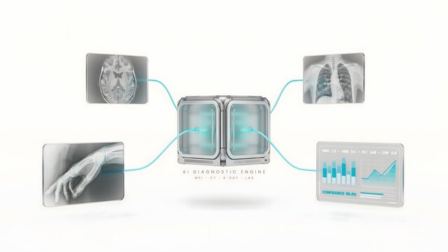 Central AI diagnostic core processing MRI, CT, and lab HUD modules &ndash; Ideal for health analytics, artificial intelligence in medicine, or radiology.