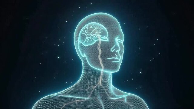 Futuristic holographic translucent head displaying active brain synaptic neural mapping.
