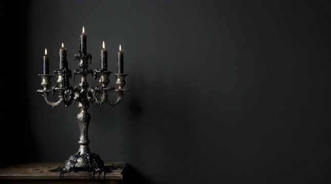 Elegant seven-branched candelabrum with lit candles on a dark reflective surface.