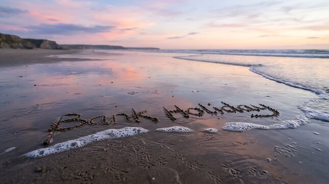 Bank Holiday Message Written in Sand at Beach.